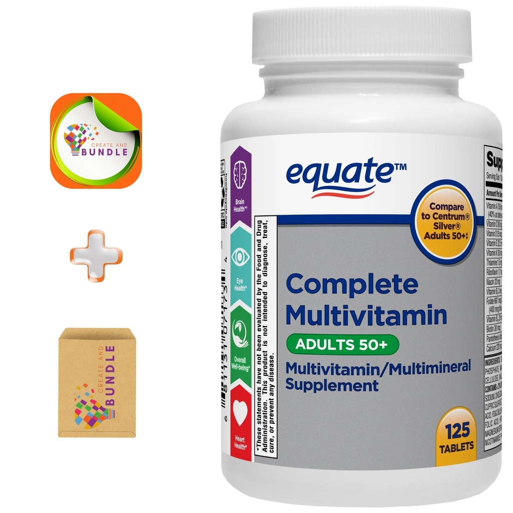 Equate Adult 50+ One Daily Complete Multivitamin/Multimineral Supplement, 125 Tabletten, Umfassendes Multivitamin für Erwachsene über 50 + Createandbundle Aufkleber