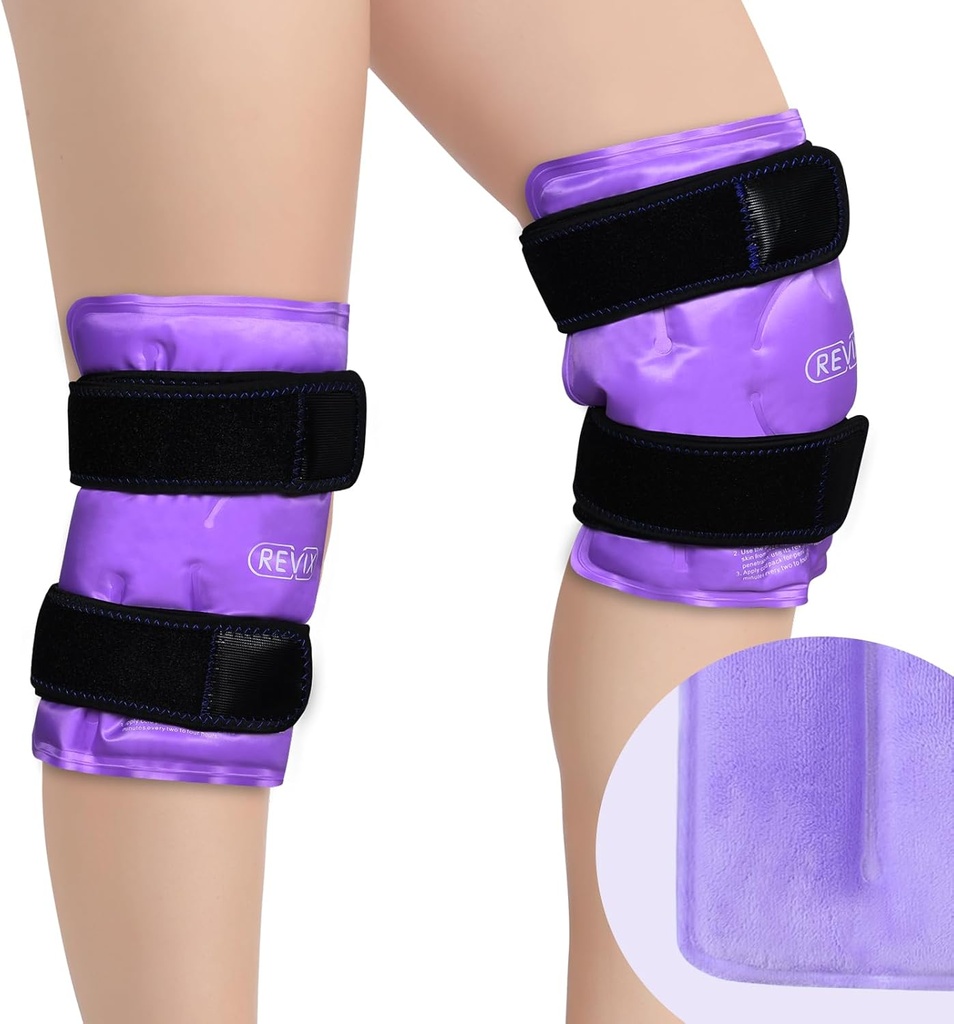 REVIX Enveloppe Reutilisable Knee Ice Pack pour la récupération après l'entraînement, Gel Ice Pack Knee avec traitement de compression à froid, revêtement en peluche souple et application sans mains, un ensemble de deux