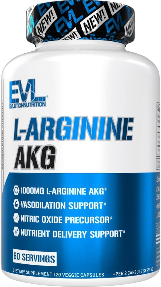 Evlution L-Arginin AKG - Vasodilation & Nährstoff Delivery Support - Nitric Oxide Precursor - 1000mg L-Arginin AKG - Glutenfrei & Non-GMO - Nahrungsergänzung - 60 Servietten - 120 Veggie Kapseln