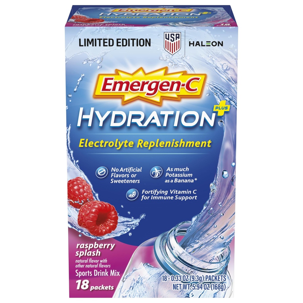 Emergen-C Hydration + Sportgetränk Mischung mit Vitamin C (18 Zähler, Himbeer Geschmack), Elektrolyt-Replikation, 0.33 Unze Pulver-Packets