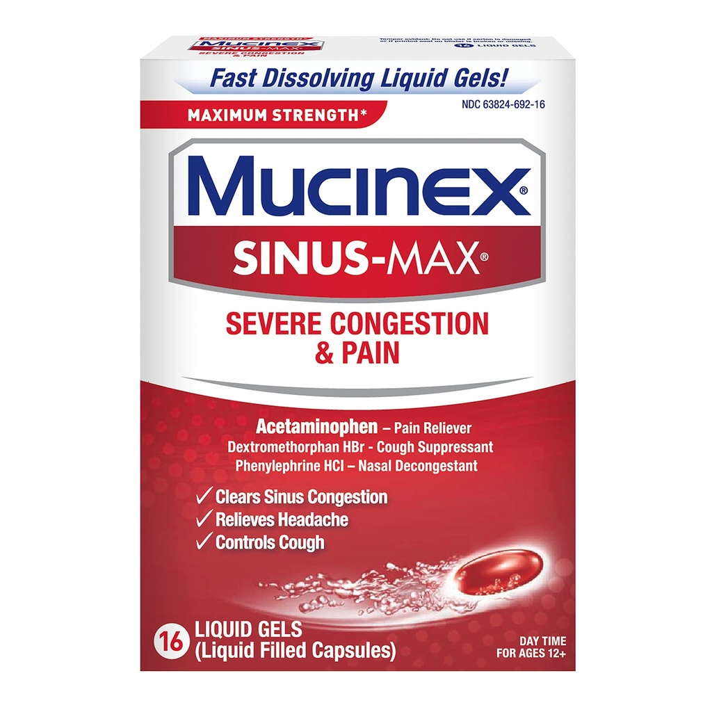 Mucinex Sinus-Max Concentration maximale Congestion sévère et douleur Gels liquides, 16ct