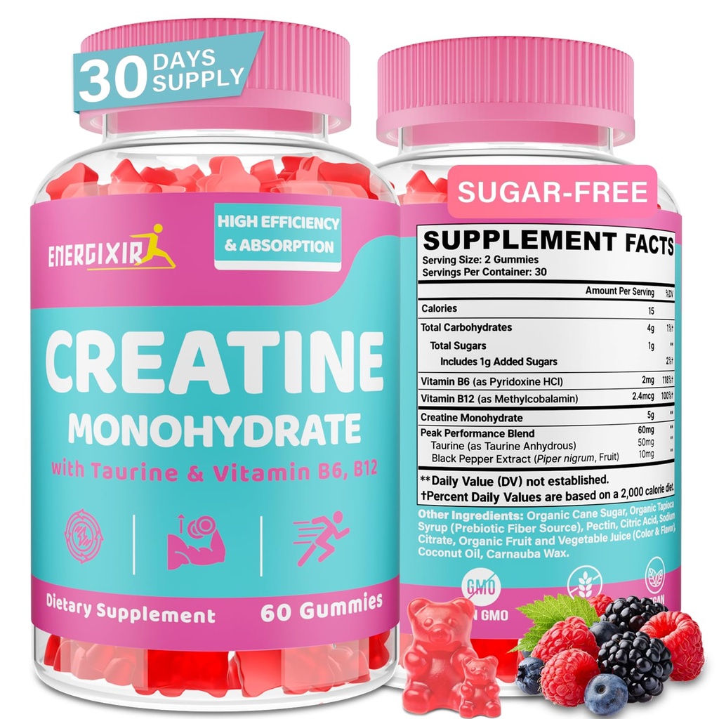 Kreatin für Frauen, Kreatin Monohydrate Gummi - No Bloating - Pre and Post Workout Chewables Supplement mit Taurine & B6 - für Erholung, Stärke, Energie & Booty, Performance, 60 Zähler