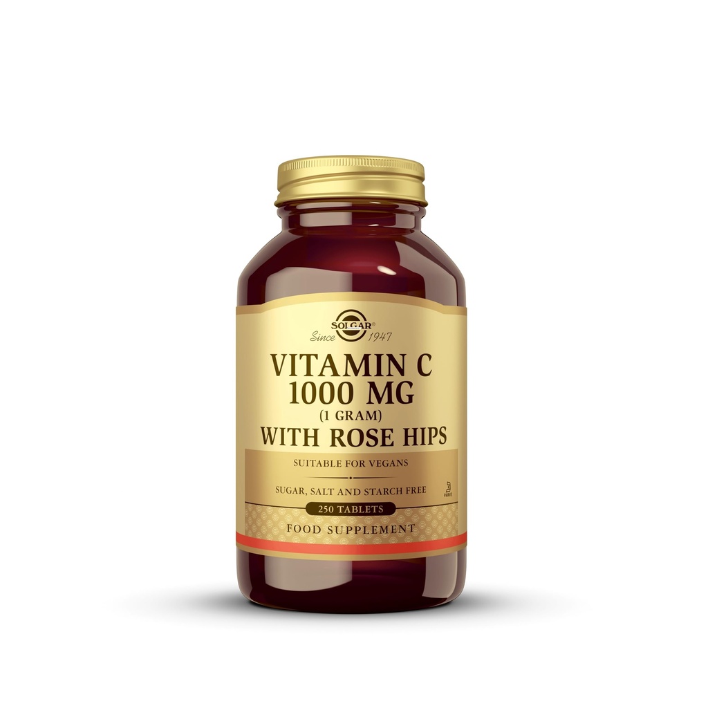 Solgar Vitamine C 1000 mg avec des hanches de rose, 250 comprimés - Antioxydants et immunosupport - Santé globale - Soutien de la peau et des articulations saines - Non-OGM, Vegan et Kosher - 250 portions