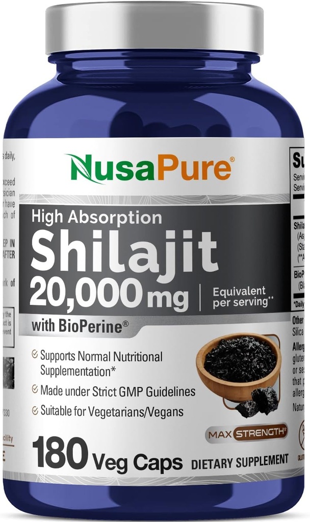 NusaPure Shilajit 20.000mg pro Servierung, 180 Veggie Caps, Non-GMO, Glutenfrei, Bioperine