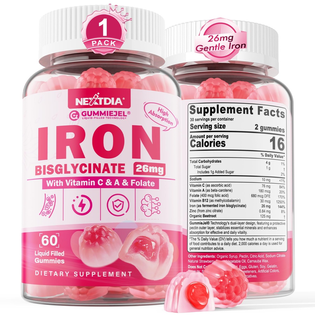 Eisengummis für Damen und Herren - Eisenbisglycinat mit Vitamin C Folate B12 Zink für Erwachsene, Kaubares Eisen für Iron Deficiency, Energy Boost, Non-Constipating & After Taste, Sugar-Free 1 Pack