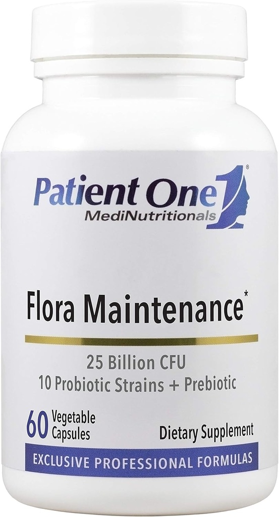 Patient One Flora Maintenance | Probiotic Supplement zu Aid Balanced Intestinal Flora* | 25 Billion CFU, 10 Probiotic Strains, Prebiotic | 60 Capsules