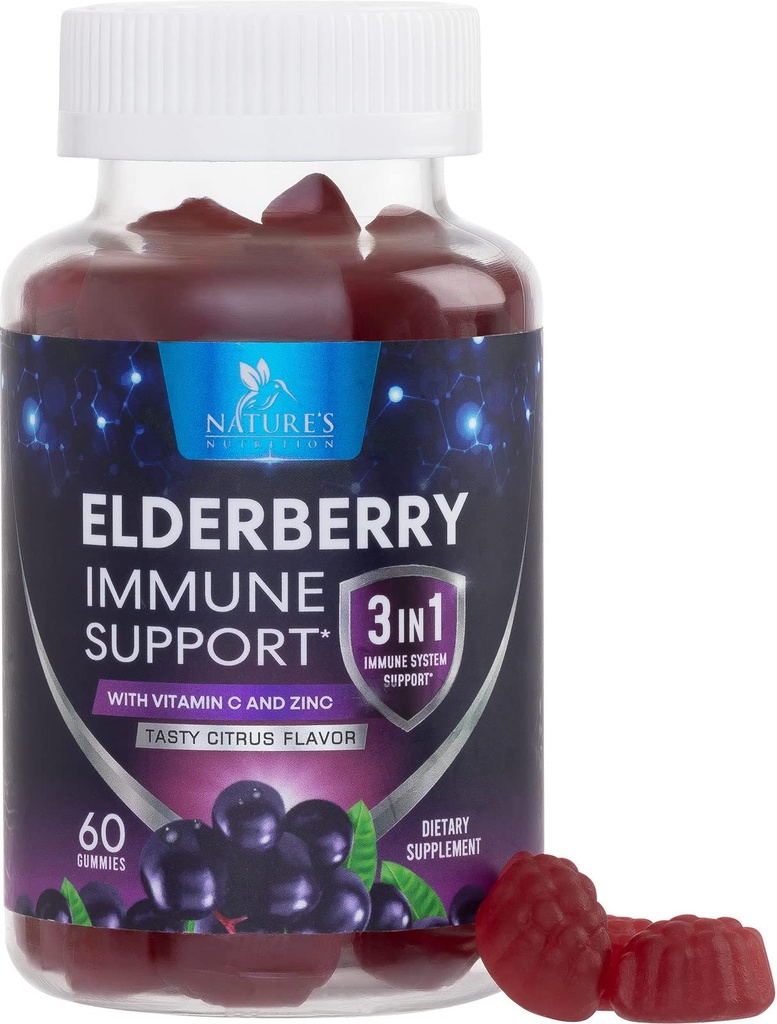 Elderberry Gummies mit Vitamin C, D3 und Zink - Immununterstützung Gummy für Kinder & Erwachsene, Black Elderberry Extract Gummy Immune Health Support Supplement, Black Elder Berry Vitamin - 60 Gummies