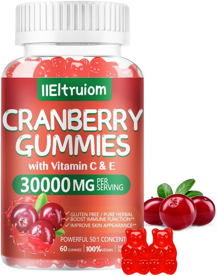 Cranberry Gummies Urinary Tract Gesundheit für Damen und Herren, 50X Konzentrat Extrac, Vitamin C & E, Cranberry Gummies für Frauen mit Hibiscus zur Unterstützung von Immun, 60 Zähler