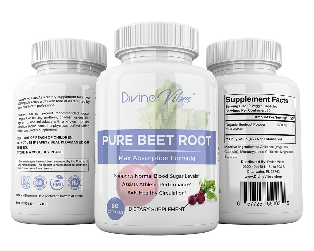Capsules de racines de betteraves - 1300mg par portion - Capsules de poudre de racines de betteraves - La poudre de betteraves soutient la pression artérielle, la performance athlétique, la digestion, le système immunitaire (Pure, non-OGM, sans gluten)