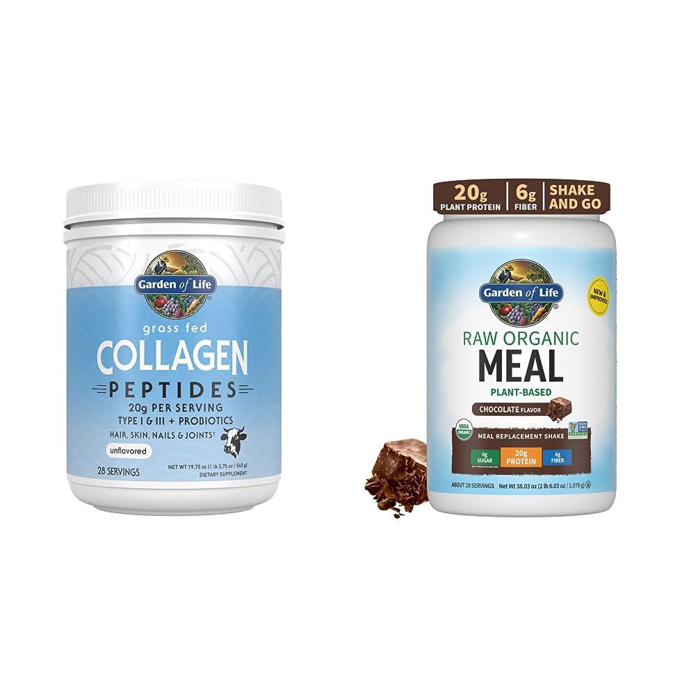 Garten des Lebens Gras Fed Hydrolysed Collagen Protein ergänzt Peptide Pulver, 19.75 Oz & Tasty Organic Chocolate Meal Ersatz Shake Vegan 20g