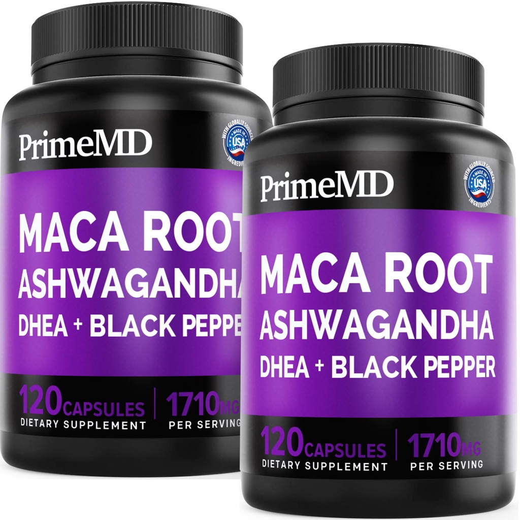 6-in-1 Organic Maca Root Ashwagandha Capsules 1710mg mit DHEA und Black Pepper Fruit Extract für Damen und Herren - Schwarze Maca Ergänzung für Stamina, Knochen und Mood Unterstützung Supplement, 120ct (Pack von 2)