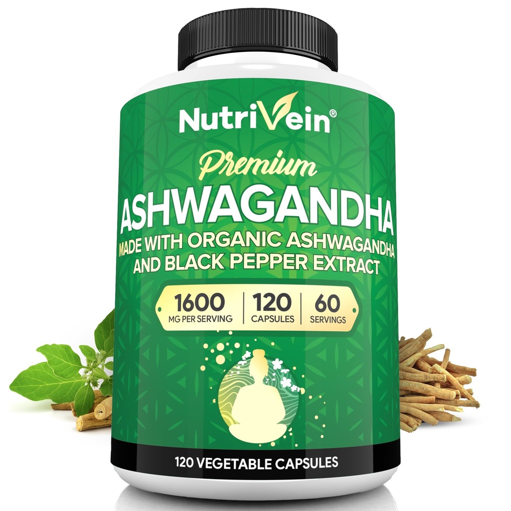 Nutrivein Ashwagandha for Men & Women - 1600mg - Enhanced with Black Pepper - High-Absorption Root Powder Ashwagandha Supplements for Mood Balance, Restful Sleep, & Focus - 120 Vegan Capsules