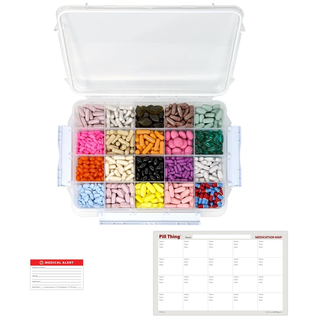 20 Compartment Große Pille Gehäuse mit luftdichter Dichtung - Silikondichtung wasserdichte Med Box mit Medikamentenkarte (20 Compartment, 1 Pack)