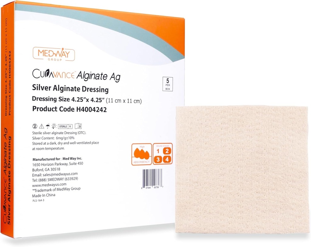 MedVance MedHeal Argent Calcium Alginate Ag Stérile Robe très absorbante, (4.25" x 4.25") 5 pansements/boîte, 5 Nombre (paquet de 1)