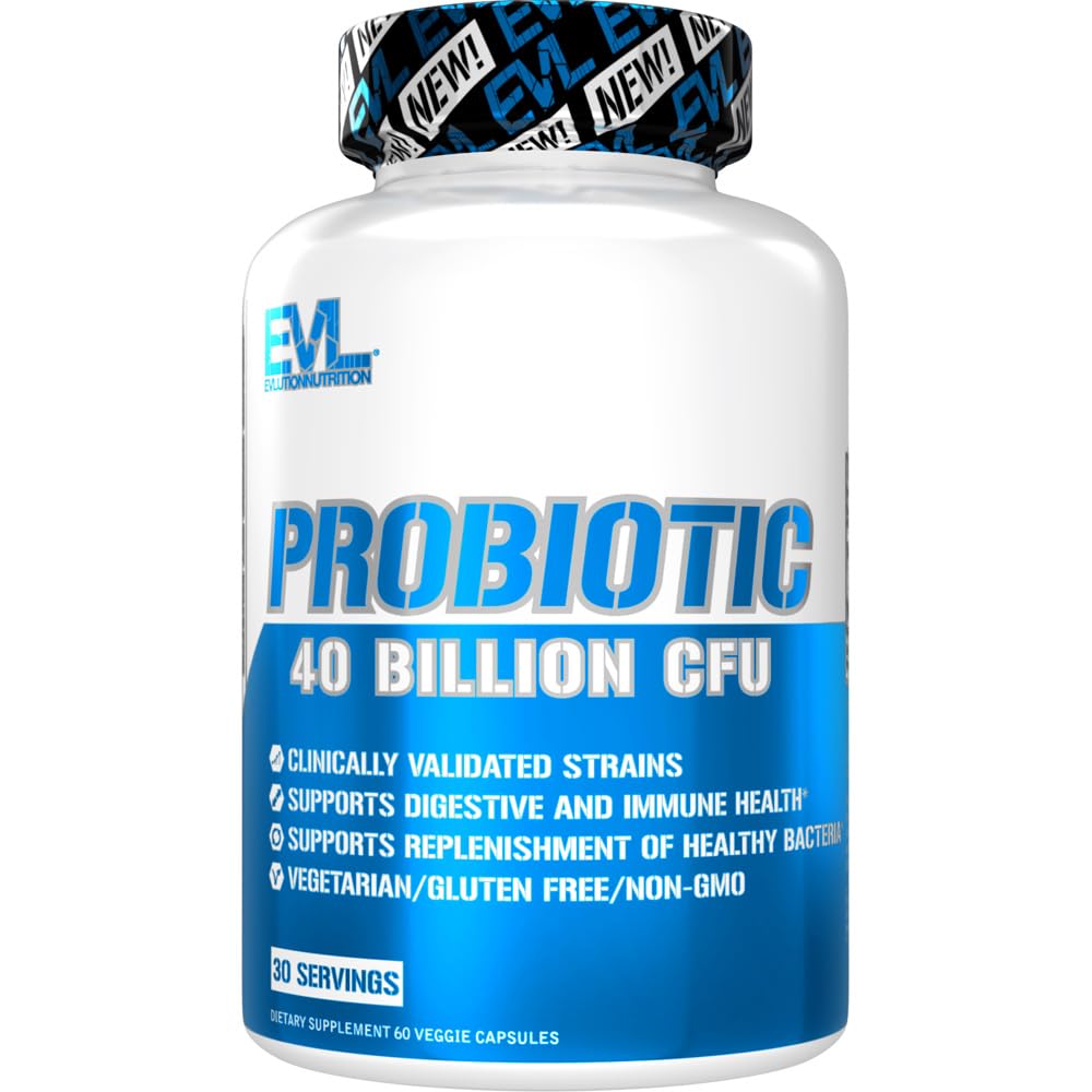Evlution Nutrition Probiotique - 40 milliards d'UCF - Soutient la santé digestive + immunitaire - Supplément probiotique pour les hommes et les femmes - Végétarien, sans gluten et non-OGM - 30 portions - 60 capsules de légumes
