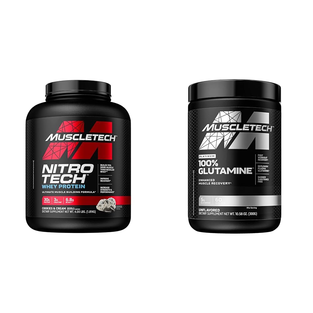 Muscletech Whey Protéine Poudre Nitro-Tech Whey Protéine Isolée & Poudre de Glutamine 100% Pure L Glutamine Poudre de Glutamine.