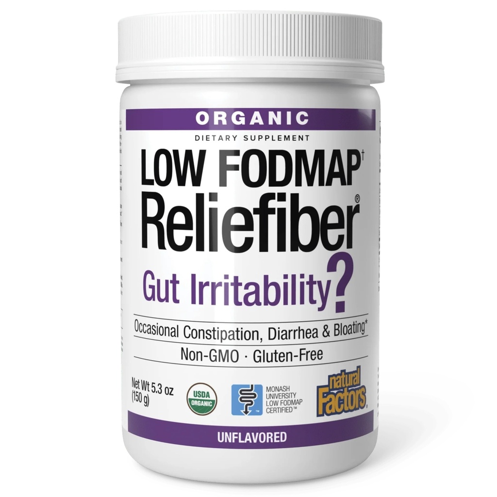Facteurs naturels Bio faible FODMAP Reliefiber Poudre - Supplément de soutien de la santé digestive avec fibre alimentaire et soluble - Gut Health Support Aids Mild Bloating - Non aromatisé, 150 g (30 portions)