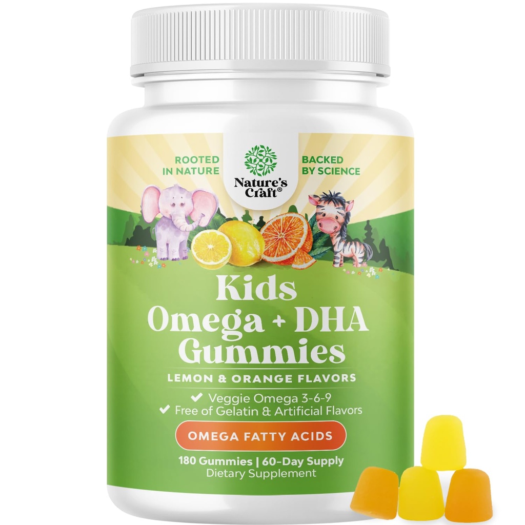 Omega DHA Gummis für Kinder - Fettsäuren Omega 3 6 9 mit Vitamin C für Gehirn, Immunität & Vision - Ernährung DHA für Kinder für gesunde Nervous System & Fokus Unterstützung - Fish Free & Vegan - 180 Chews