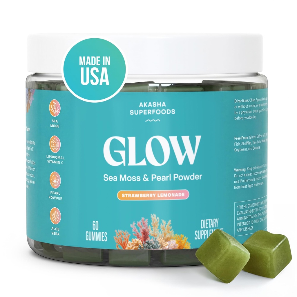 Akasha Superfoods Sea Moss Glow Gummis, Haar, Haut und Nägel Vitamine mit Seamoss, Pearl Powder, Vitamin E, Aloe Vera, Liposomal Vitamin C, und Irish Sea Moss, Gummies für Damen und Herren, 60 Count