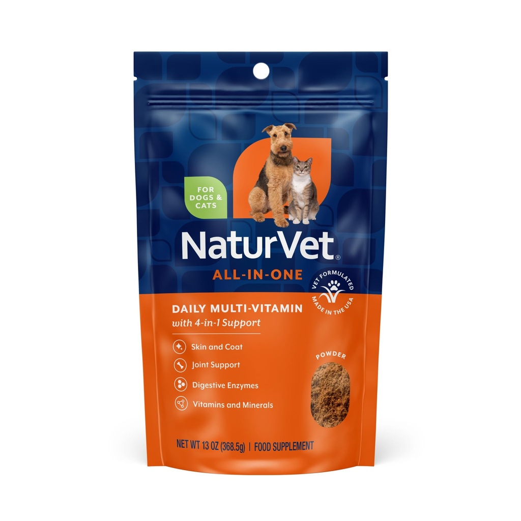 NaturVet All-in-One Dog Supplement - für Gelenkunterstützung, Verdauung, Haut, Mantelpflege – Hunde Multivitamine mit Mineralien, Omega-3, 6, 9 – Weizenfreie Vitamine für Hunde – 13-Ounce Powder