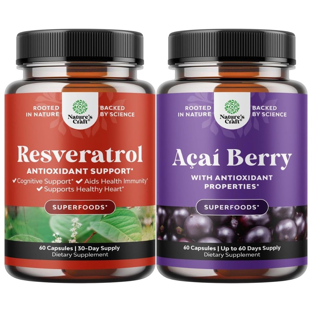 Ensemble de capsules de resvératrol avec activateur métabolique AMPK pour stimuler le métabolisme et l'efficacité cellulaire et Acai Berry Antioxydant Support pour les femmes et les hommes pour le système immunitaire et la santé cognitive