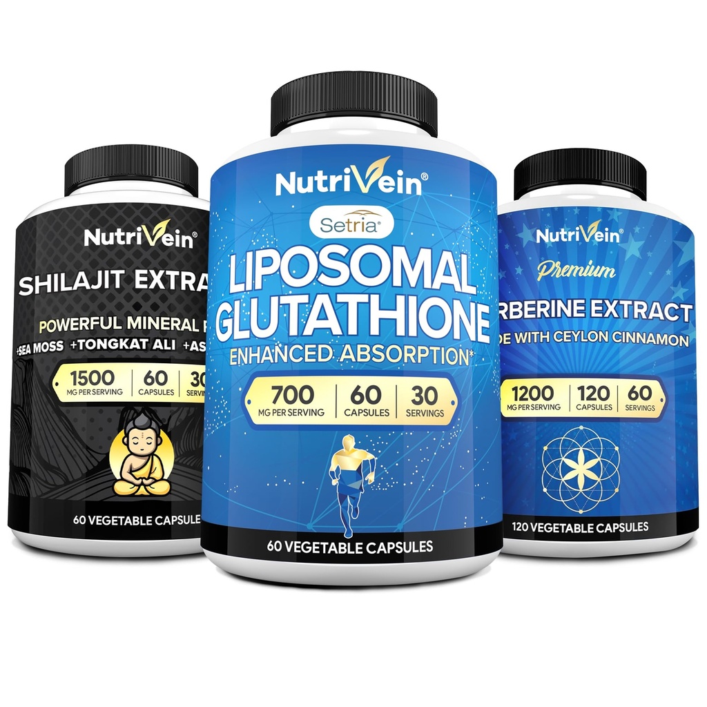 Nutrivein Premium Shilajit Kapseln, Liposomal Glutathion Ergänzung, & Berberine Ergänzung Bundle: Berberine, Glutathione, & Shilajit Kapseln für Männer & Frauen - Stoffwechsel, Vitalität, & Balance