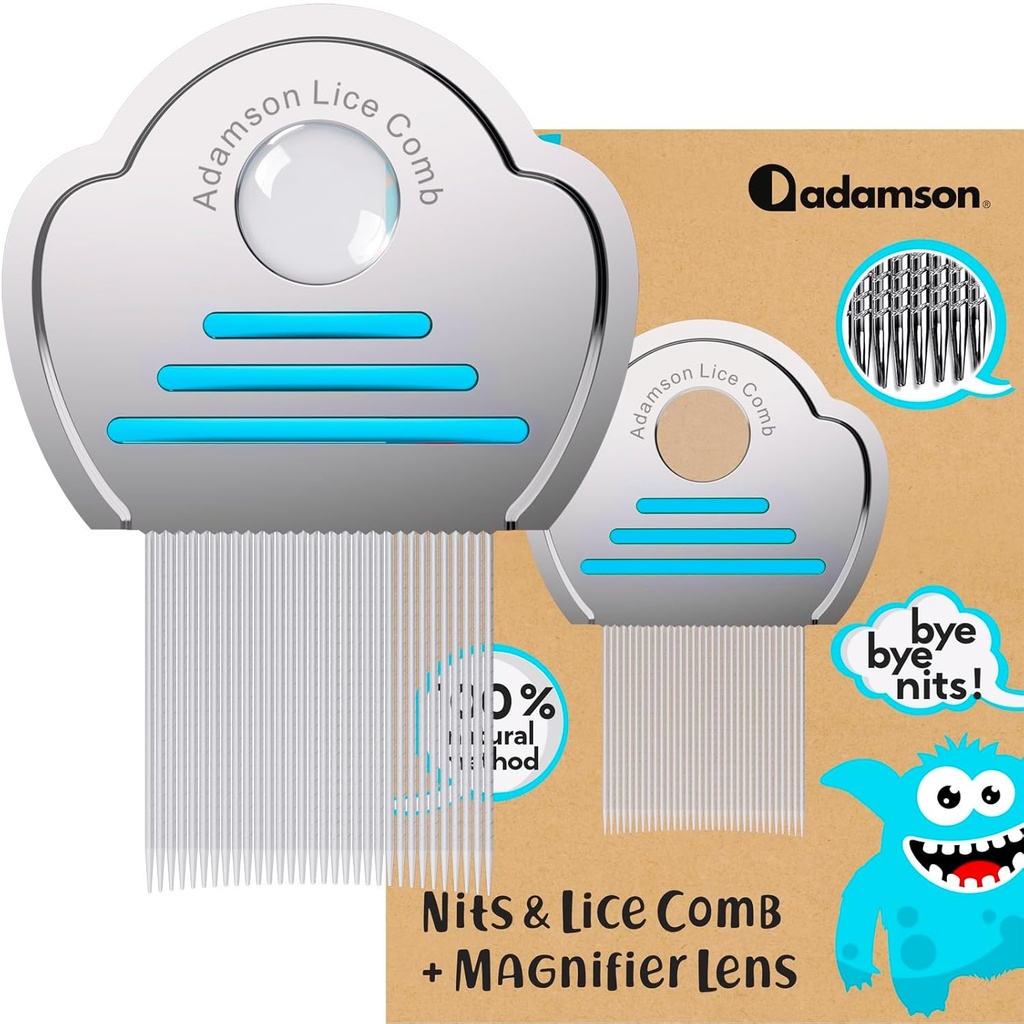 Adamson Lice Comb - Edelstahl Lice Comb für Kinder - Effektive Nit Comb - Lice Combs für dickes Haar - langlebig und einfach zu reinigen - Peine para Piojos y Liendres para Niñas