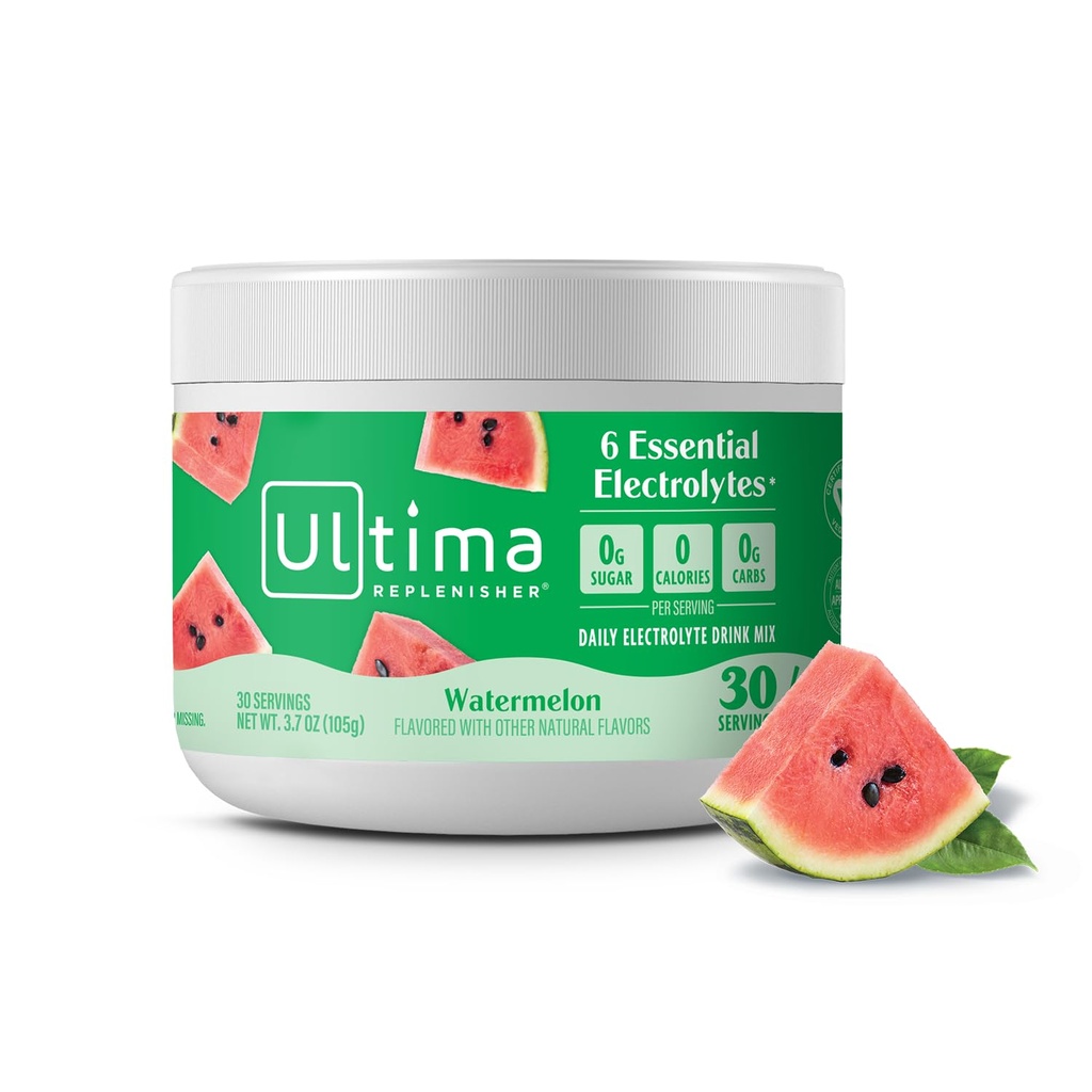 Ultima Replenisher Mélange quotidien de poudre d'électrolyte – sans sucre – pastèque, 30 portions – poudre d'hydratation avec 6 électrolytes clés et minéraux traces – Keto Friendly, Vegan, Non-OGM