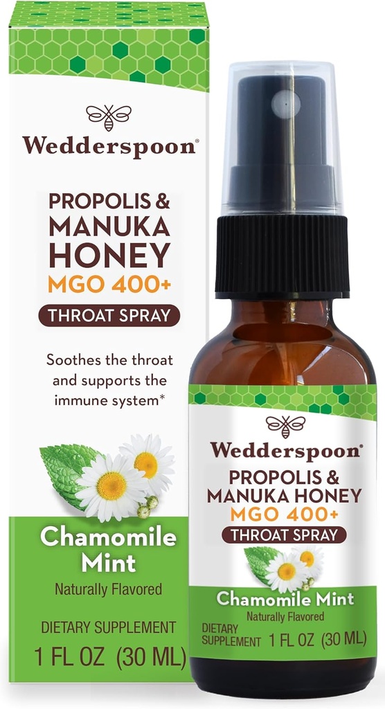Wedderspoon Propolis und Manuka Honey Throat Spray, Kamille & Mint, 1 Fl Oz (Pack von 1), Sore Throat Relief, natürliche Immununterstützung