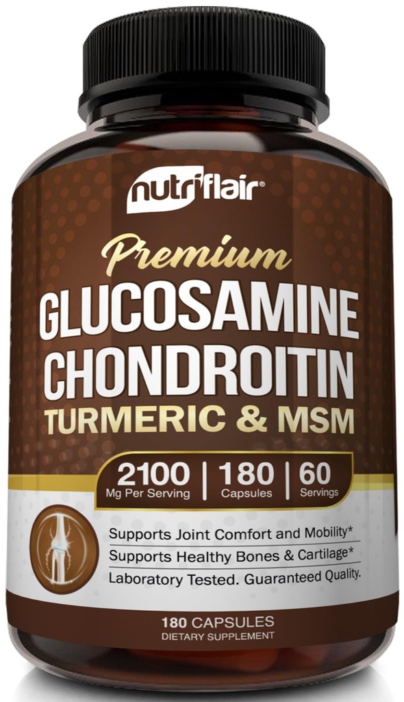 NutriFlair Glucosamine Chondroitin Turmeric MSM Boswellia, 180 Kapseln - Joint Comfort Supplement - Natural & Non-GMO - Antioxidante Pillen - Unterstützt Rücken, Knie, Hände, Gelenke, Knorpel