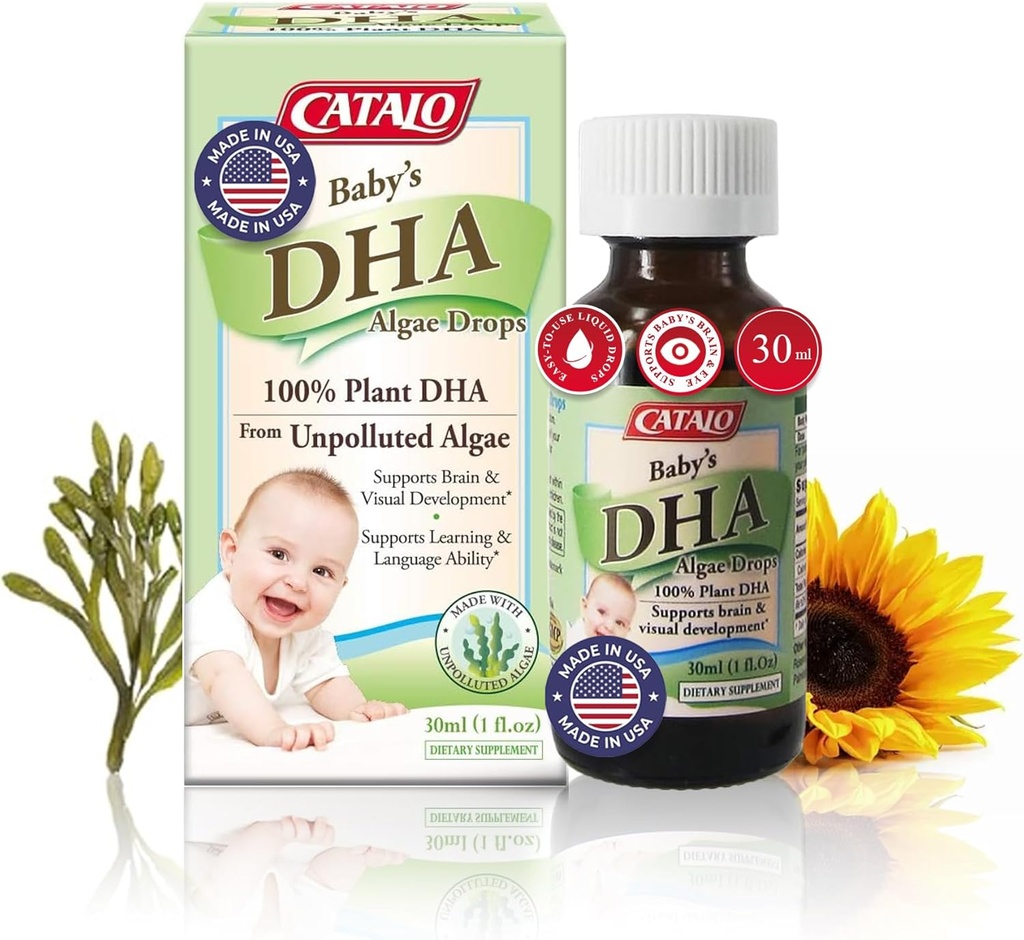 CATALO Baby Algae DHA Tropfen - Pflanzenbasierte Omega-3-Ergänzung für Infants - Kein Fischöl, keine künstlichen Zusatzstoffe - Einfache flüssige DHA-Ergänzungen - 30ml (1 fl oz)