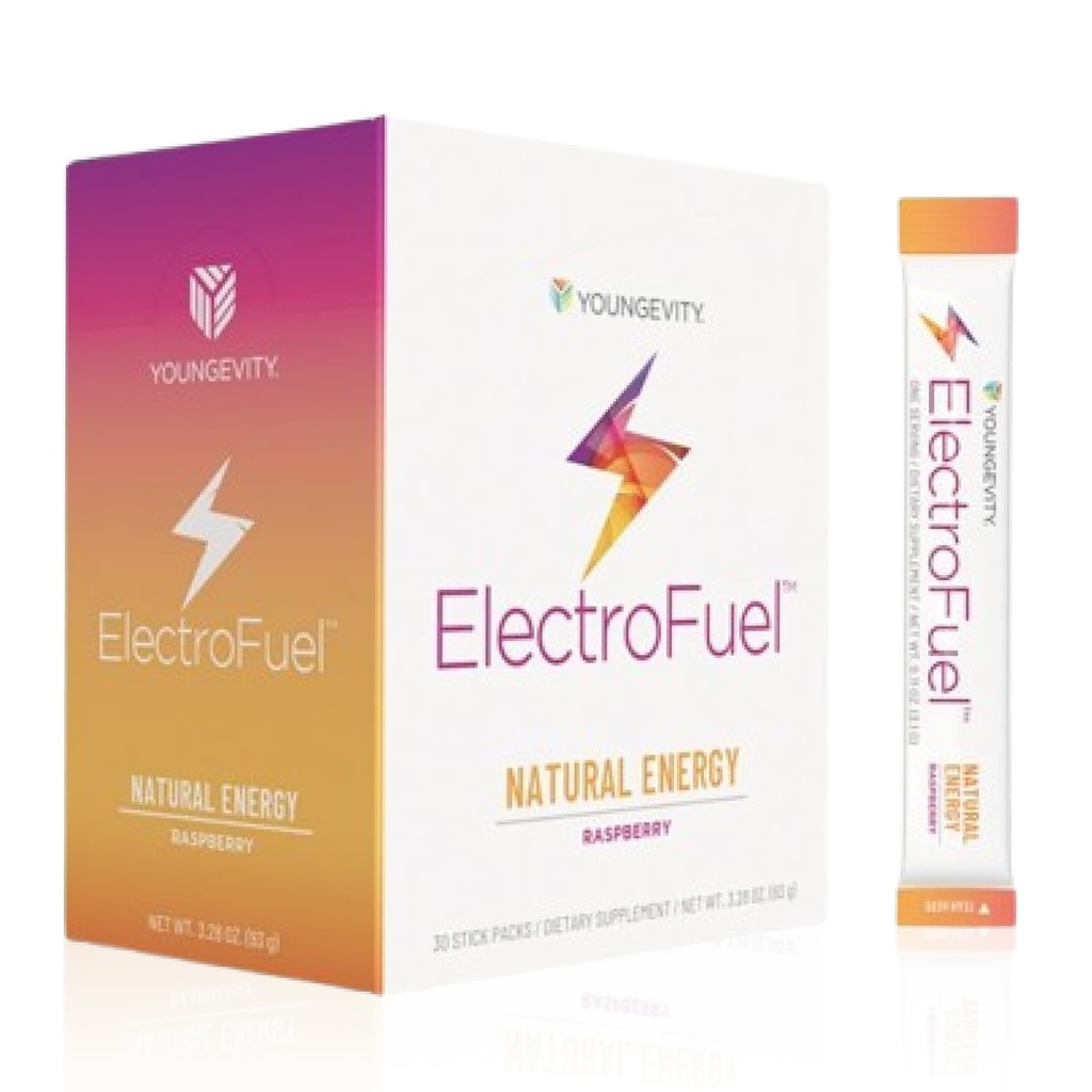 Youngevity Official ElectroFuel Natural Energy Drink Mix - Poudre d'électrolyte framboise - Énergie et hydratation - 30 bâtons