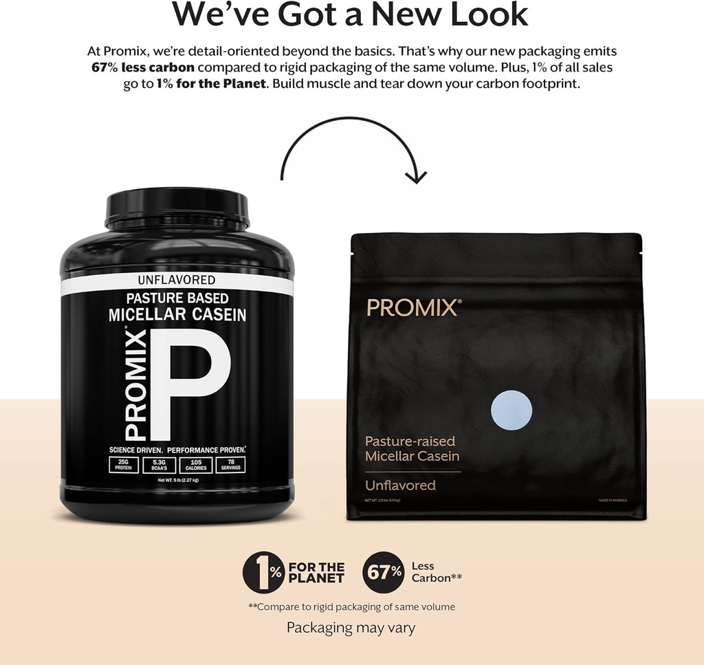 ProMix Nutrition Casein Protein Powder - Gras-Fed, Weide Raised, Slow Release 25g Micellar Casein - 5.4g BCAAs Glutenfrei, Sugar Free, Soy Free - Unflavored, 5lb