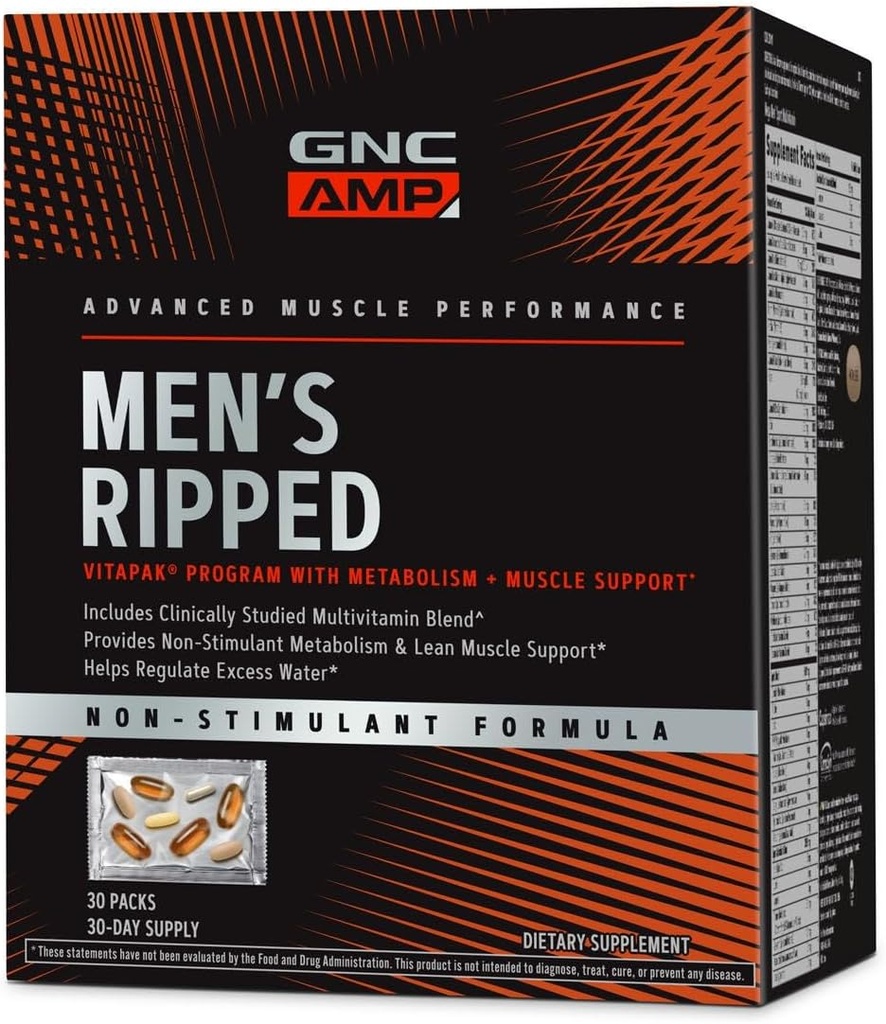 GNC Men's Ripped Clinically Studied Multivitamin Blend, Lean Muscle Support, Non-Stimulant Formula, 30 Servings