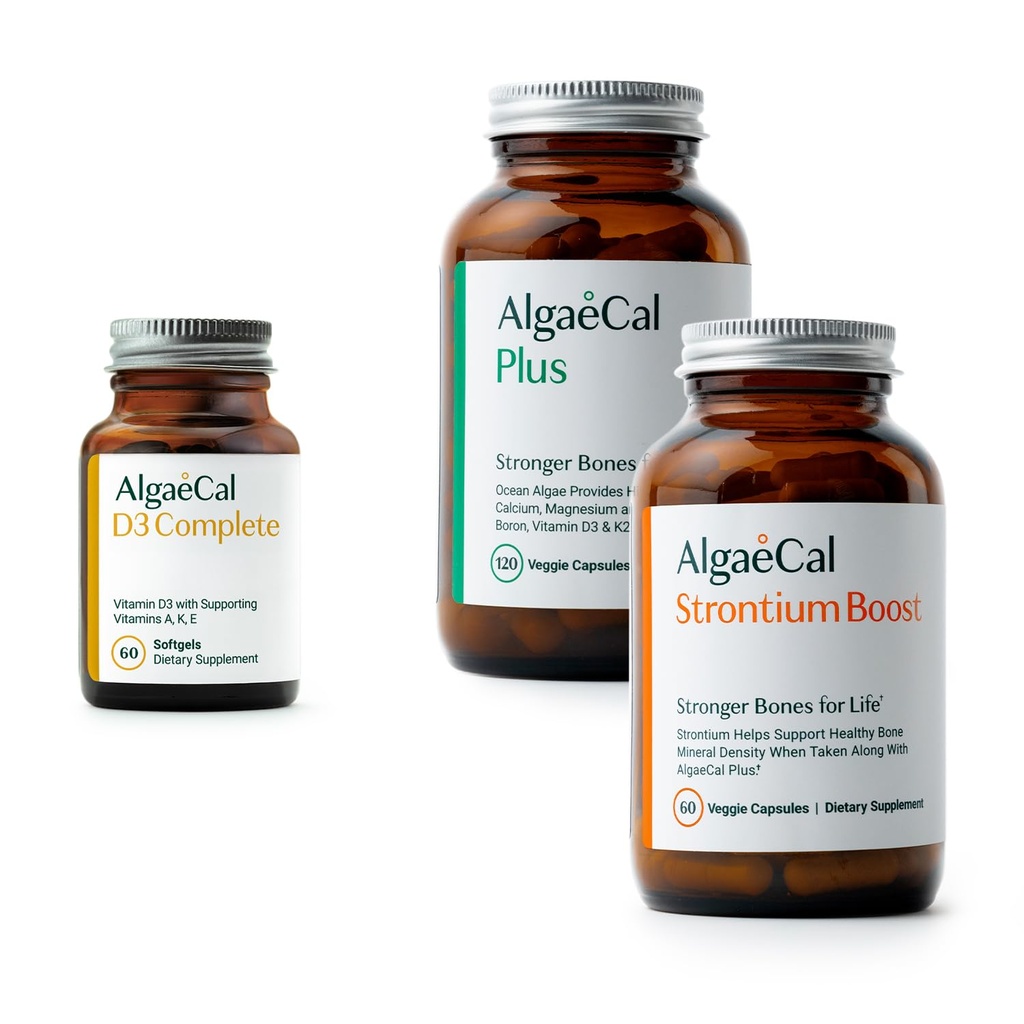 Ensemble santé des os ALGAECAL - D3 Complète (1000 UI) + K2, vitamine E, vitamine A et calcium à base végétale cliniquement soutenu pour augmenter la densité des os
