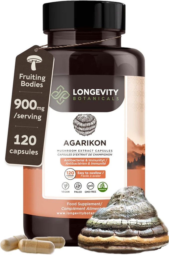 Langlebigkeit Botanicals Agarikon Mushroom Extract Kapseln (120) | Konzentriert 10:1 Ratio | 100% Fruchtkörper | Laricifomes Officinalis Beilage für Immunität & Atmungshilfe
