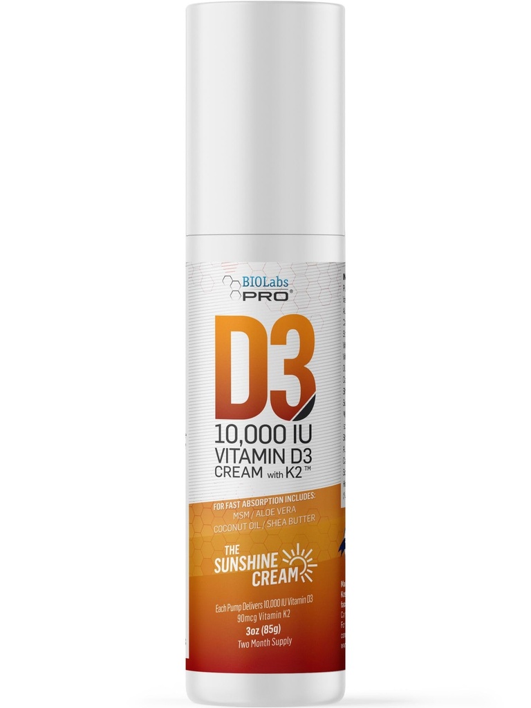 BIOLABS PRO Alle natürlichen Vitamin D3 10000IU Vitamin D Creme - Maximale Stärke - Vitamin D Mangel natürlich bekämpfen - mit Vitamin K2 & Olivenblatt Extrakt - Sicher & effektiv (10.000IU - 3.0oz)