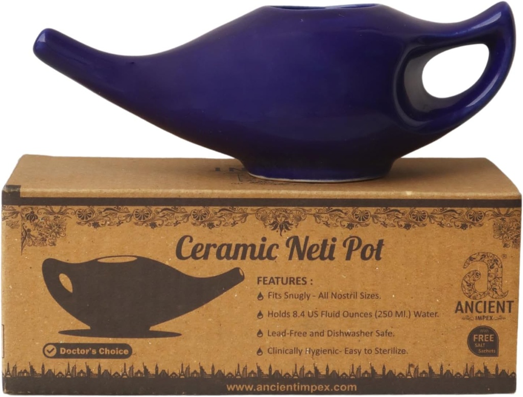 ANCIENT IMPEX Keramik Neti Pot 250 Ml (Violet) mit 5 Beuteln Neti Salz | Natürliche Remedy für Nasal Wash, Sinus Relief & Nasal Hygiene | Ayurveda Nasal Bewässerungstopf