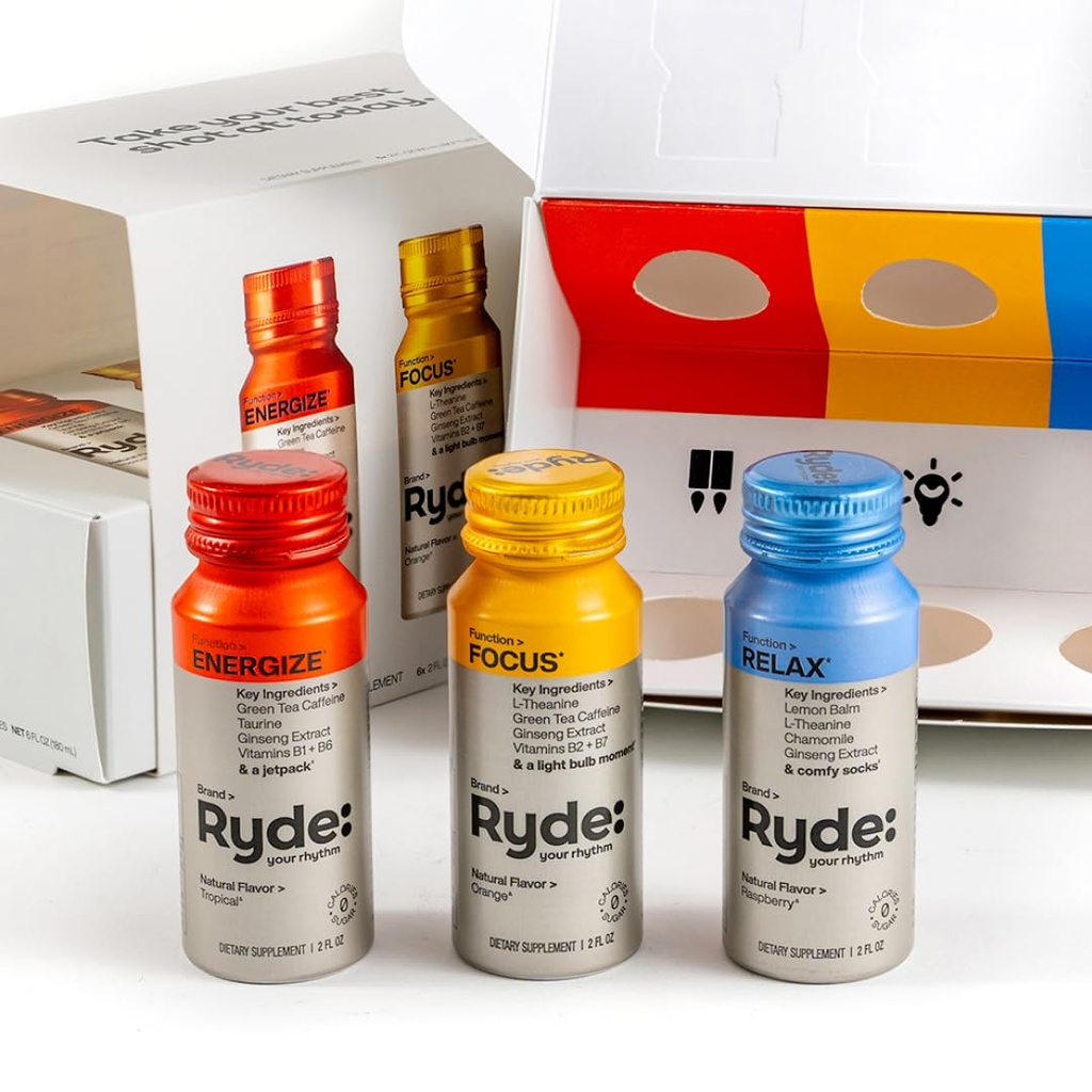 RYDE: Discovery Pack | Energize, Focus & Relax Shots | Grüner Tee Koffein, Taurine, Ginseng, B Vitamine, L-Theanine, Lemon Balm, Kamille | 0 Kalorien, 0 Zucker | Variety Pack – Probieren Sie All (6 Pack)
