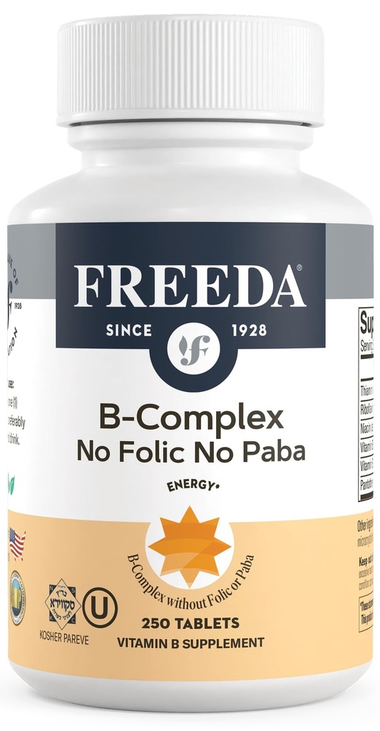 Freeda Vitamin B Complex No Folic No PABA - Super B Complex Kosher Vitamin Supplement mit Vitamin B1 Vitamin B2 Vitamin B3 Vitamin B5 Vitamin B6 Vitamin B12 - Vit B Complex B für Damen und Herren (250 Ct)