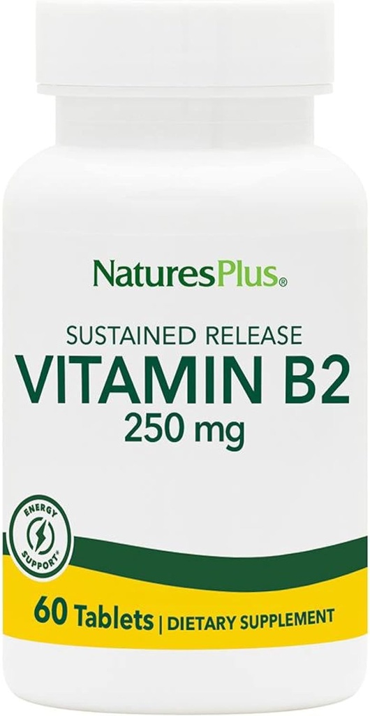 NaturesPlus Vitamin B2 (Riboflavin) - 250 mg, 60 vegetarische Tablets, Sustained Release - Natural Energy & Metabolism Booster, fördert Gesamtgesundheit - Glutenfrei - 60 Portionen