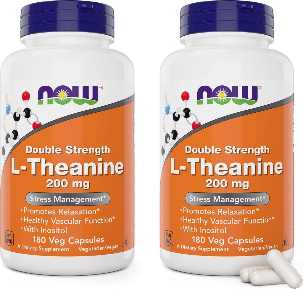 JETZT Lebensmittel L-Theanin, Doppelstärke 200 mg pro Cap - 180 Veg Kapseln (Pack von 2) (360 Gesamtkappen) - Verbessert mit 100mg Inositol - Vegetarisch, Non-GMO - Ltheanine 200mg Supplement