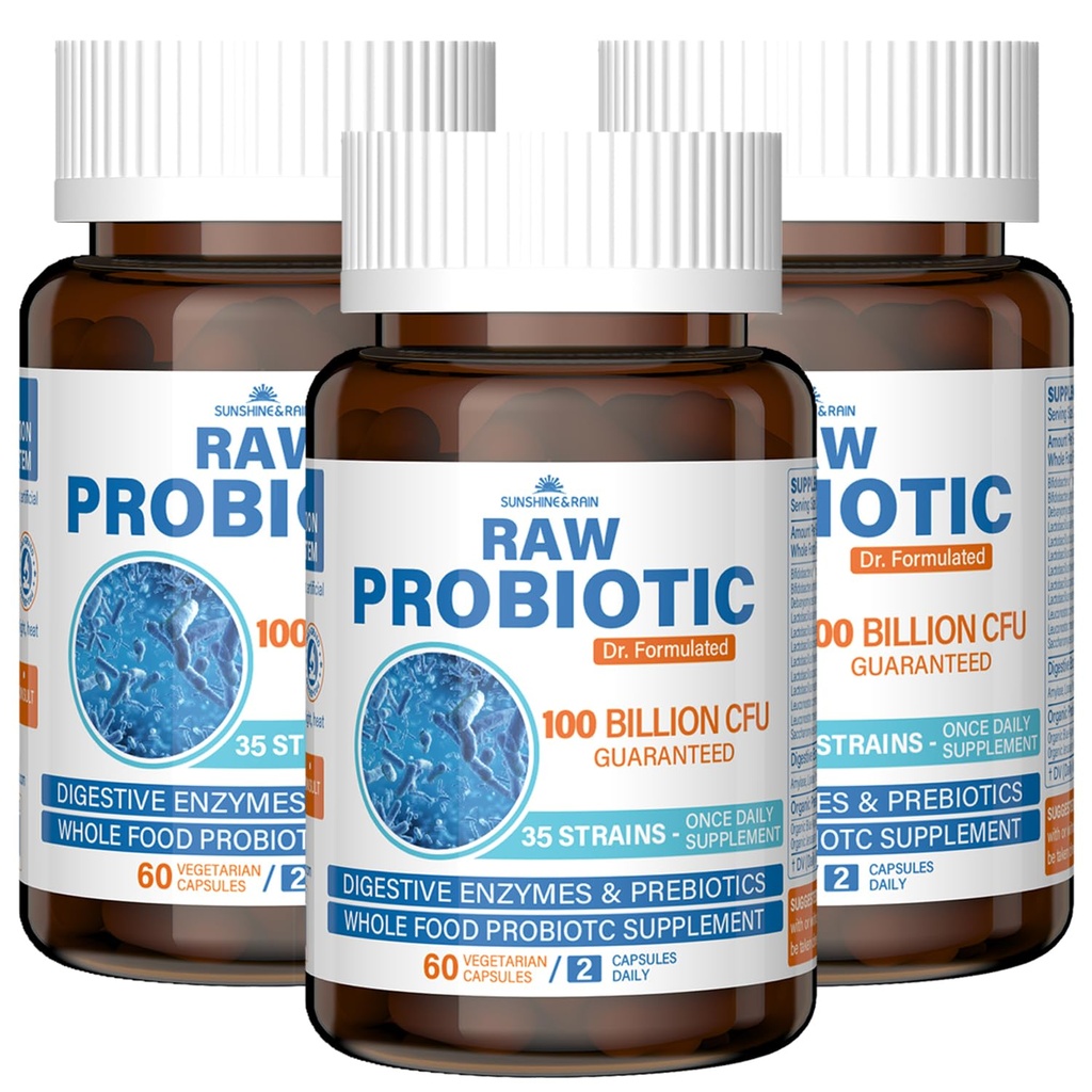 Probiotiques crus pour les femmes et les hommes - 100 milliards CFU, 35 souches, prébiotiques organiques et enzymes digestives naturelles pour la santé digestive, gustative et immunitaire - sans soja et sans gluten, sans OGM, 180 capsules véganes