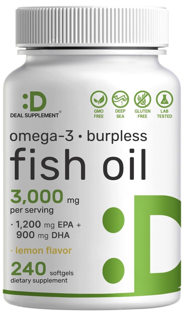 Omega-3-Fischöl-Ergänzungen, 3.000 mg pro Portion, 240 Softgels - EPA 1.200 mg + DHA 900 mg - stoßfreie Pillen, Zitrone aromatisiert, Wild gefangen - Gehirn & Herz Unterstützung - Quecksilberfrei, Nicht-GVO