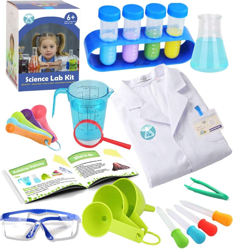 UNGLINGA Kids Science Experiment Kit mit Lab Coat Scientist Kostüm Dress Up und Rolle Play Spielzeug Geschenk für Jungen Mädchen Kinder Weihnachten Geburtstag Party
