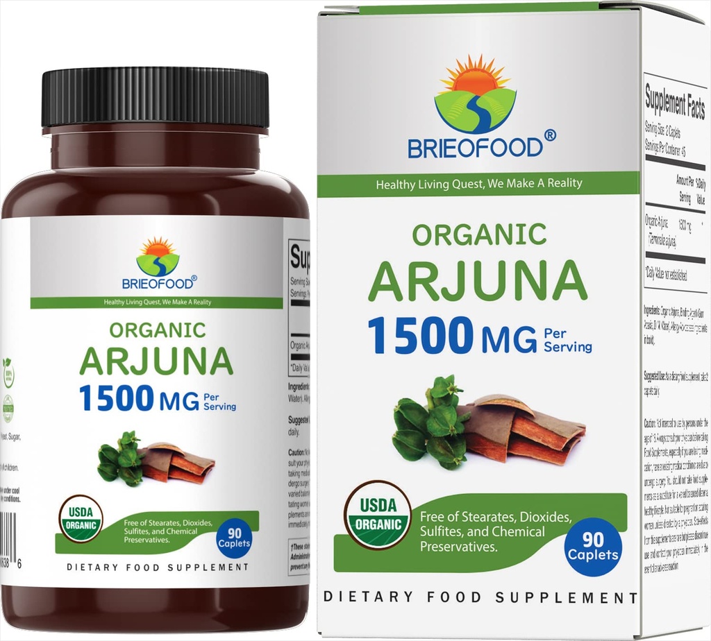 Brieofood Organic Arjuna 1500mg, 45 Servierungen, Vegetarisch, Glutenfrei, 90 Vegetarisches Tablet