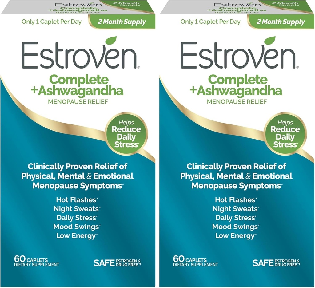 Estroven Complete + Ashwagandha Multi-Symptom Menopause Supplement für Damen - Klinisch bewährte Zutaten bieten Menopause Relief & Nacht Sweats + Hot Flash Relief* - 4 Monate Versorgung (Pack mit 2)