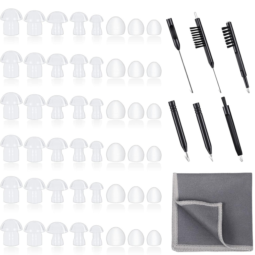 48 Pièces Conseils pour l'aide auditive Domes pour l'aide auditive Domes universels pour le remplacement des embouts d'écoute, accessoires pour amplificateur de son BTE et 7 pièces d'outils de nettoyage avec sac à velours