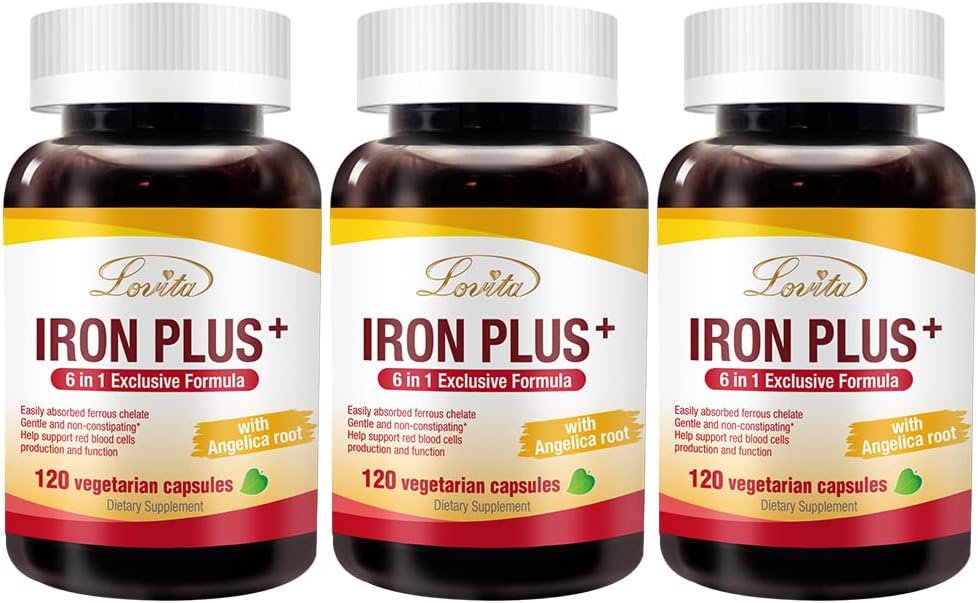 Lovita Iron 18 mg, 6 in 1 Eisen Beilage für Frauen, mit Vitamin C, Dong Quai & B12, Vegan Vitamin zur Unterstützung der roten Blutzellproduktion ohne Konsipation, 120 Kapseln (Pack von 3)