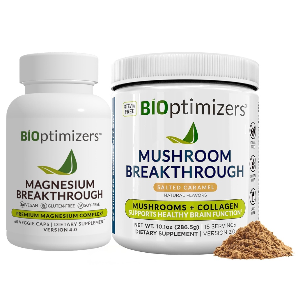 BiOptimizers Magnésium Breakthrough 4.0, (60 Capsules) et Mushroom Breakthrough Poudre (Salted Caramel, 15 portions) - Naturel Sommeil et Cerveau Superfood & Supplément Bundle